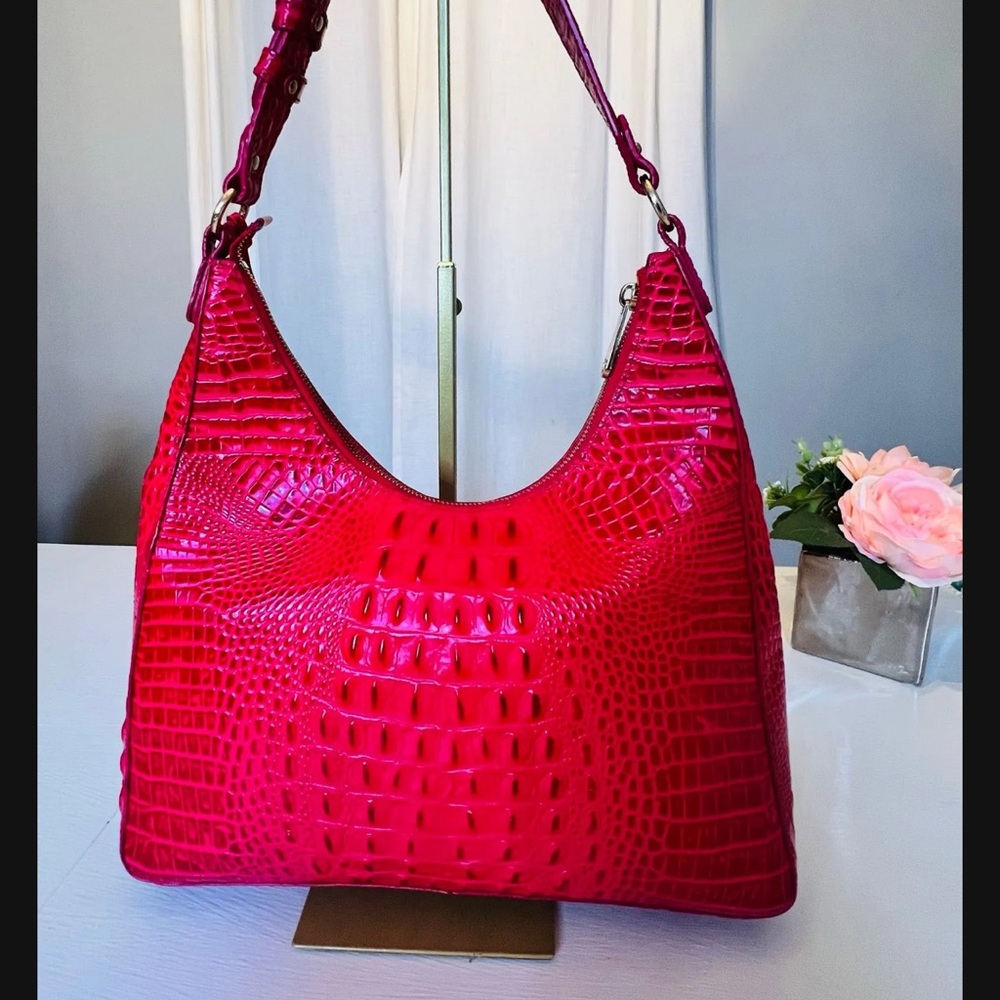 Brahmin Fuchsia Crocodile-Embossed Shoulder Bag|Good Condition - Picture 2 of 16